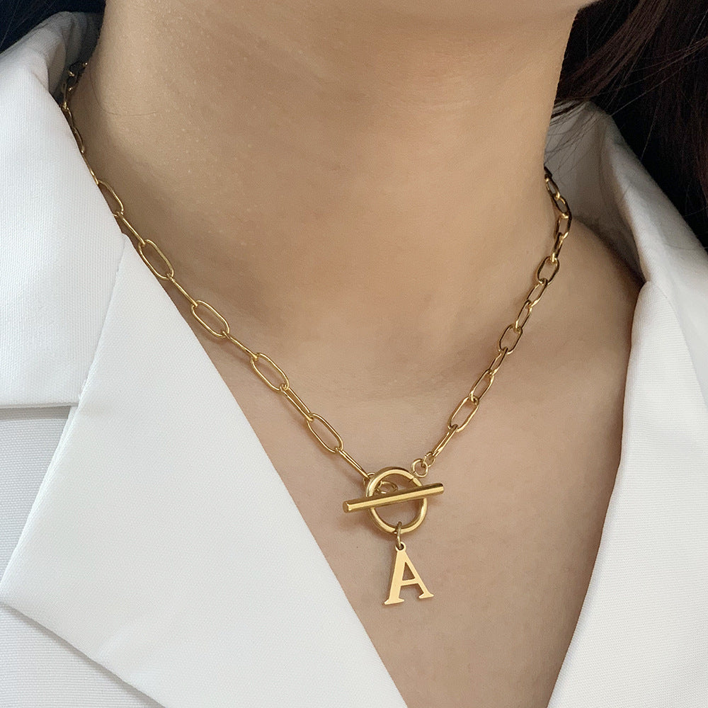 Initial Letter Necklace — Paperclip Chain with Toggle Clasp