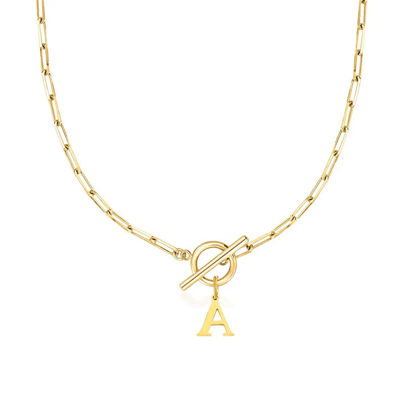 Initial Letter Necklace — Paperclip Chain with Toggle Clasp